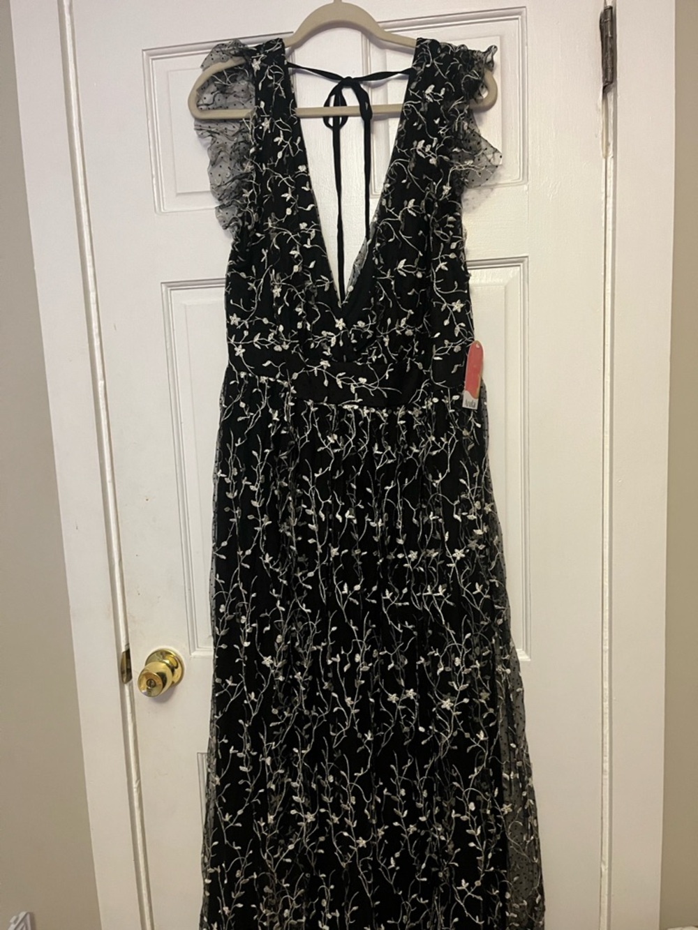 ARULA Black Maxi Dress with White Floral Embroidery